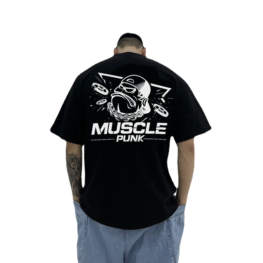 تي شيرت MUSCLE PUNK الأصلي الفضفاض بمقاس كبير وأكمام نصفية، ماركة أزياء رجالية مطبوعة، قميص لياقة بدنية بياقة دائرية وأكمام قصيرة